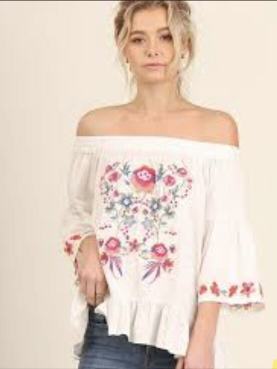 Altar'd State Tops - Altar'd State Boho Off The Shoulder Floral Embriodered  Peasant Blouse, Sz M
